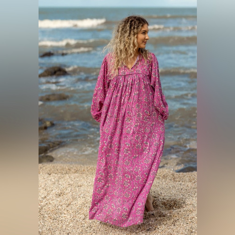 Boho Pink Floral Cotton Maxi Dress